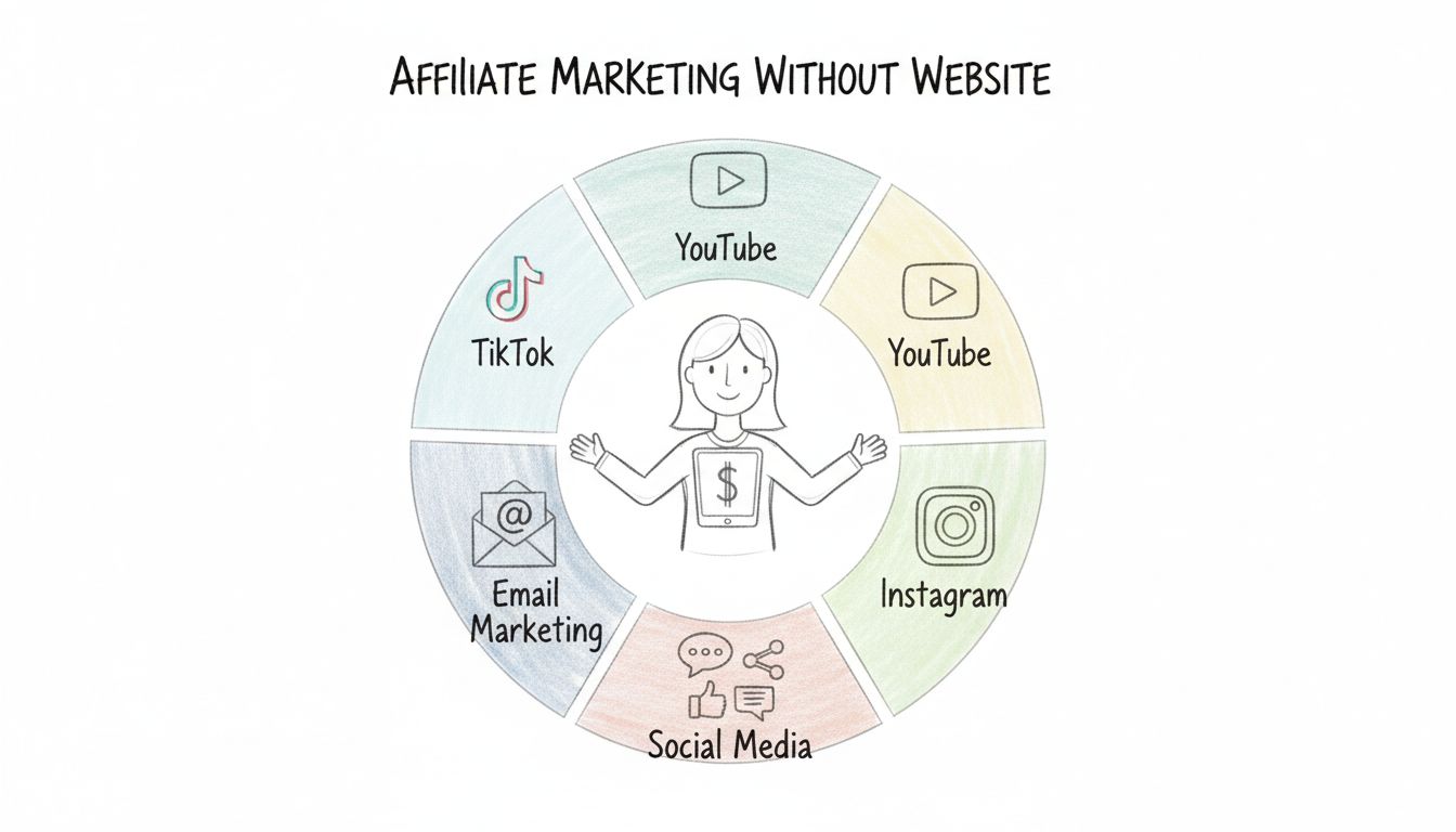 Canais de marketing de afiliados sem site, incluindo TikTok, YouTube, Instagram, E-mail marketing