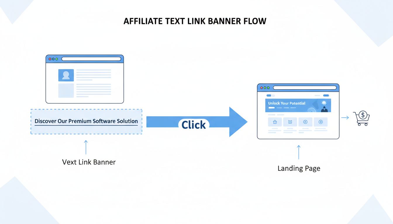 Diagrama do fluxo de trabalho de banner de link de texto mostrando como links de texto redirecionam usuários para landing pages no marketing de afiliados