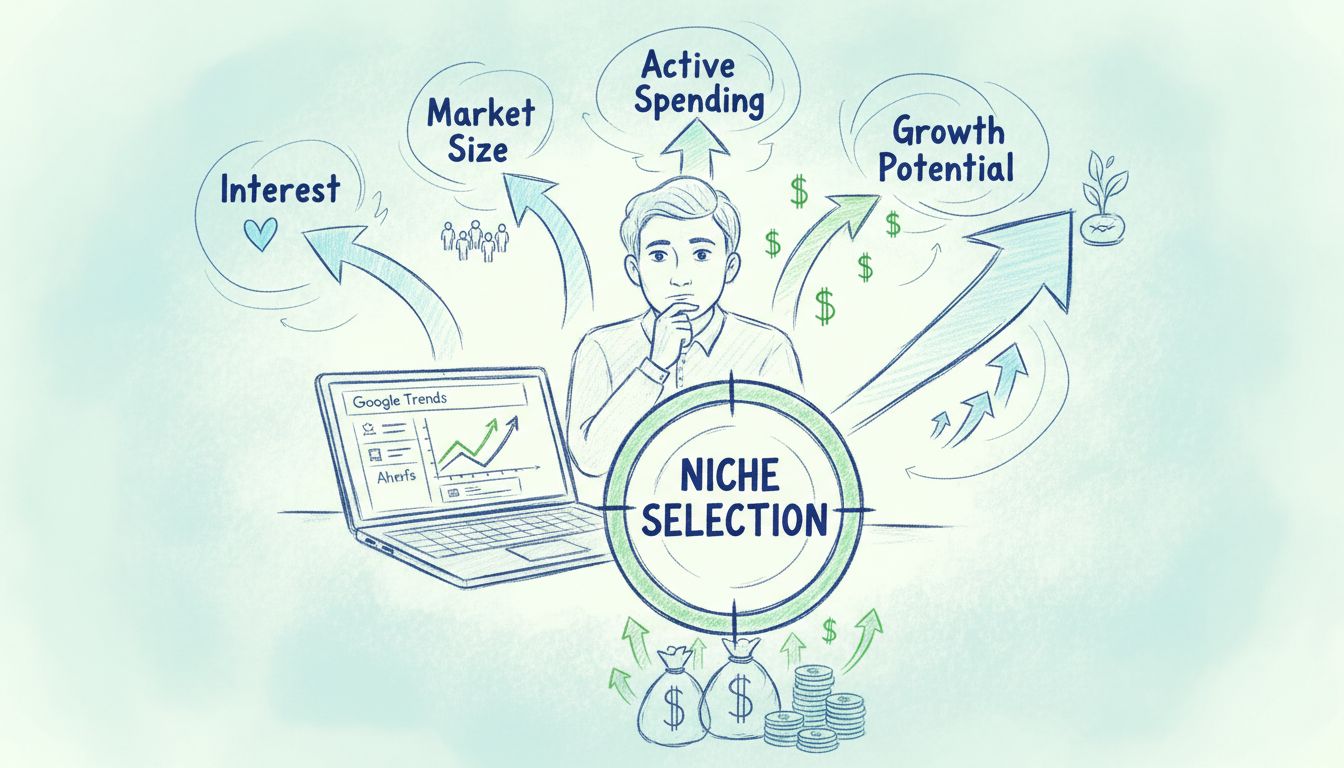 Diagrama desenhado à mão mostrando o processo de escolha do nicho com ferramentas de análise, símbolo de alvo, setas de crescimento e fatores-chave como interesse, tamanho do mercado, gastos ativos e potencial de crescimento