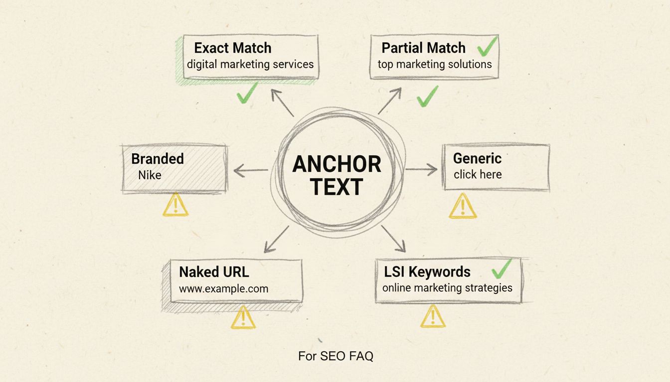 Diagrama desenhado à mão mostrando diferentes tipos de texto âncora para SEO, incluindo correspondência exata, correspondência parcial, marca, genérico, URL nu e palavras-chave LSI com indicadores visuais de eficácia em SEO
