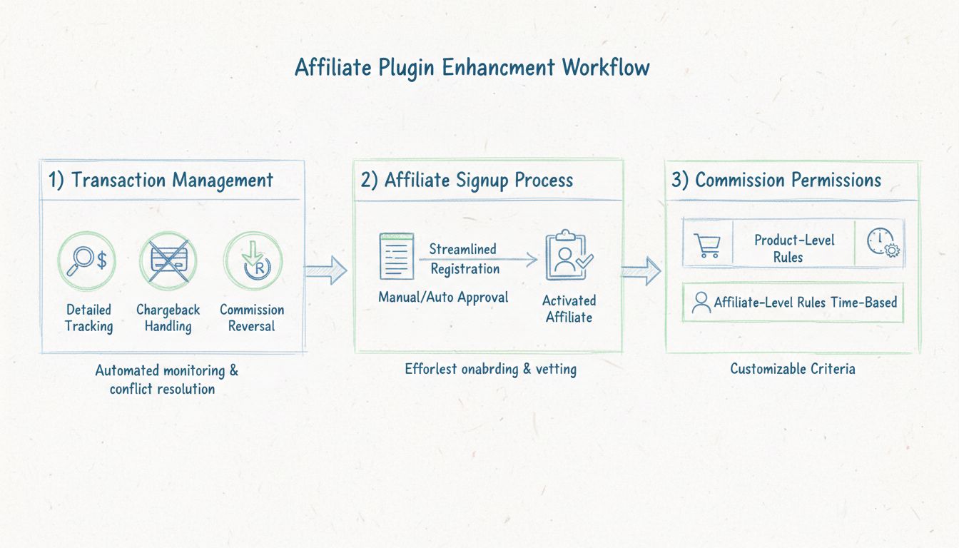 Diagrama do fluxo de aprimoramento do plugin de afiliados mostrando gestão de transações, processo de cadastro de afiliados e permissões de comissão com critérios personalizáveis