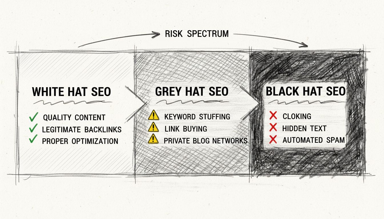 Espectro de técnicas de SEO mostrando abordagens white hat, grey hat e black hat com indicadores visuais