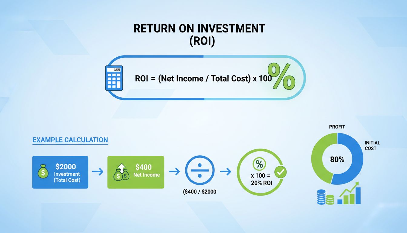 Infográfico da fórmula de cálculo do ROI mostrando a fórmula ROI = (Lucro Líquido / Custo Total) x 100 com exemplo de investimento de R$2000 gerando ROI de 20%