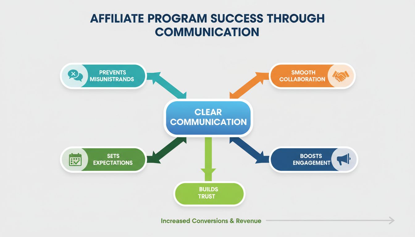 Diagrama de comunicação mostrando como uma comunicação clara contribui para prevenir mal-entendidos, definir expectativas, colaboração eficiente, aumentar engajamento e construir confiança