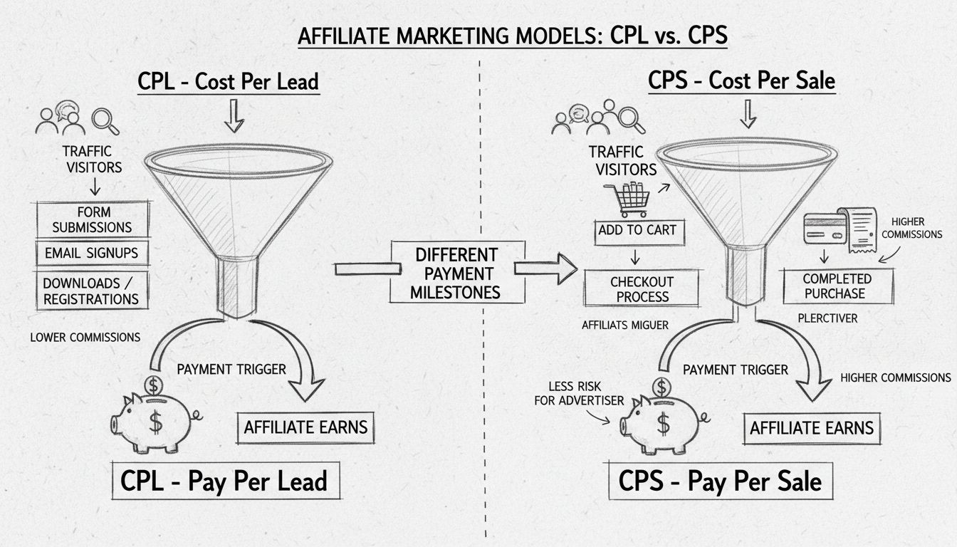 Diagrama desenhado à mão comparando os modelos de marketing de afiliados CPL e CPS com acionadores de pagamento e fluxos de conversão