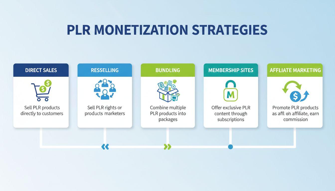 Infográfico de estratégias de monetização com PLR mostrando cinco fontes de renda: vendas diretas, revenda, agrupamento, sites de assinatura e marketing de afiliados