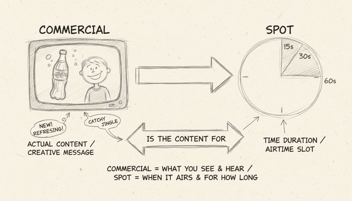 Diagrama desenhado à mão mostrando a diferença entre conteúdo comercial e spots publicitários com durações de tempo