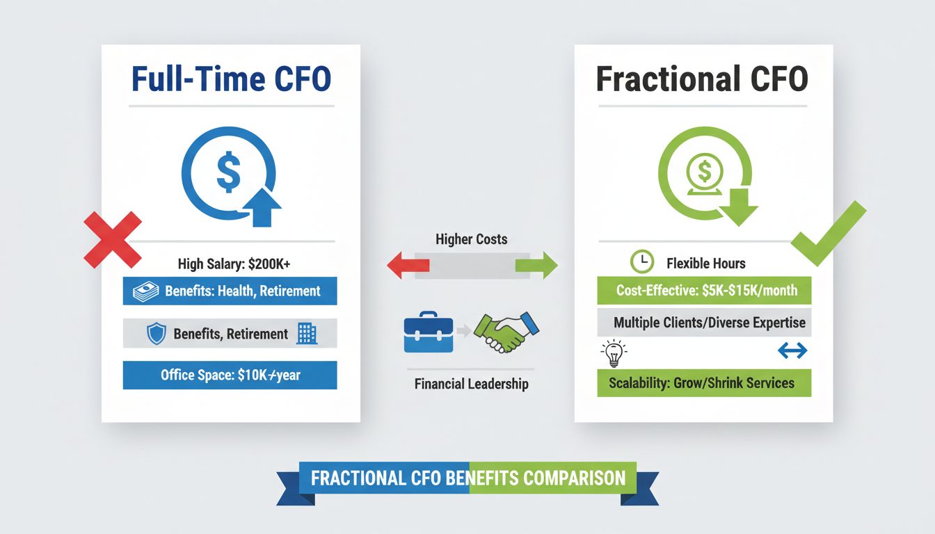 Infográfico comparando custos de CFO Fracionado vs CFO em Tempo Integral mostrando salário, benefícios e diferenças de flexibilidade