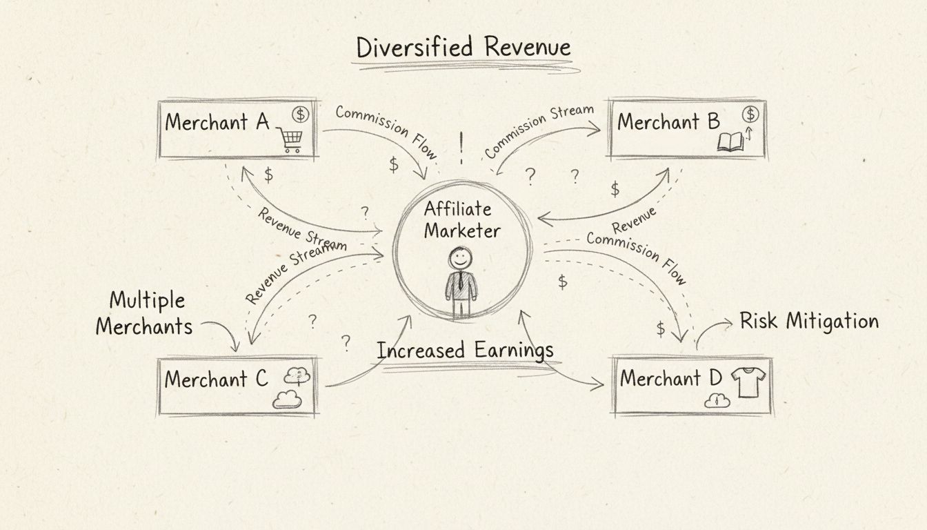 Diagrama desenhado à mão mostrando um afiliado conectado a múltiplos comerciantes com fluxos de receita e comissões diversificados