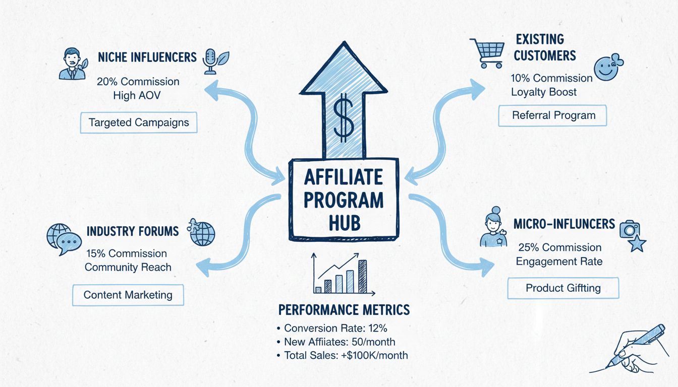 Diagrama de estratégia de recrutamento de afiliados mostrando múltiplos caminhos incluindo influenciadores de nicho, clientes existentes, fóruns do setor e microinfluenciadores com taxas de comissão e métricas de desempenho