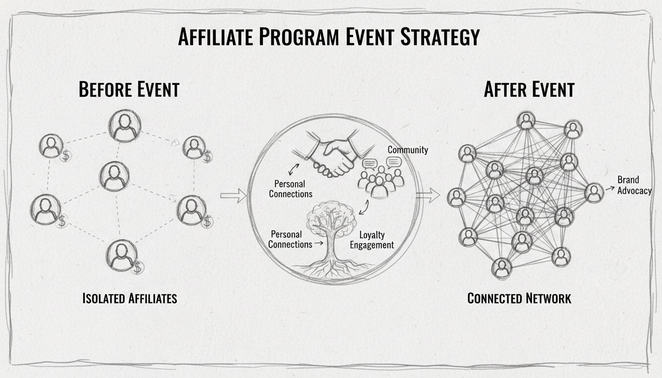 Diagrama desenhado à mão mostrando a estratégia de eventos de programa de afiliados com visualização de networking antes e depois do evento