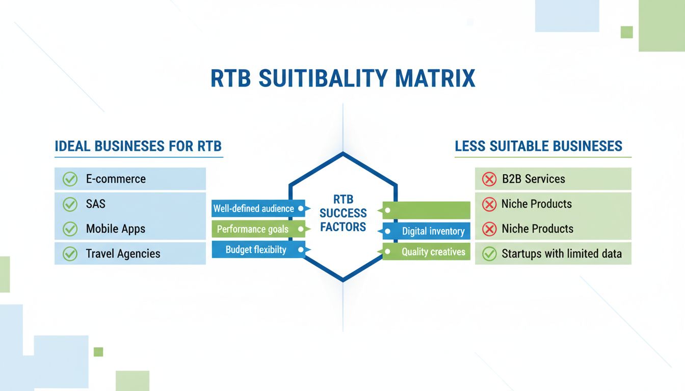 Matriz de adequação do RTB mostrando tipos de negócios ideais e menos adequados para real-time bidding