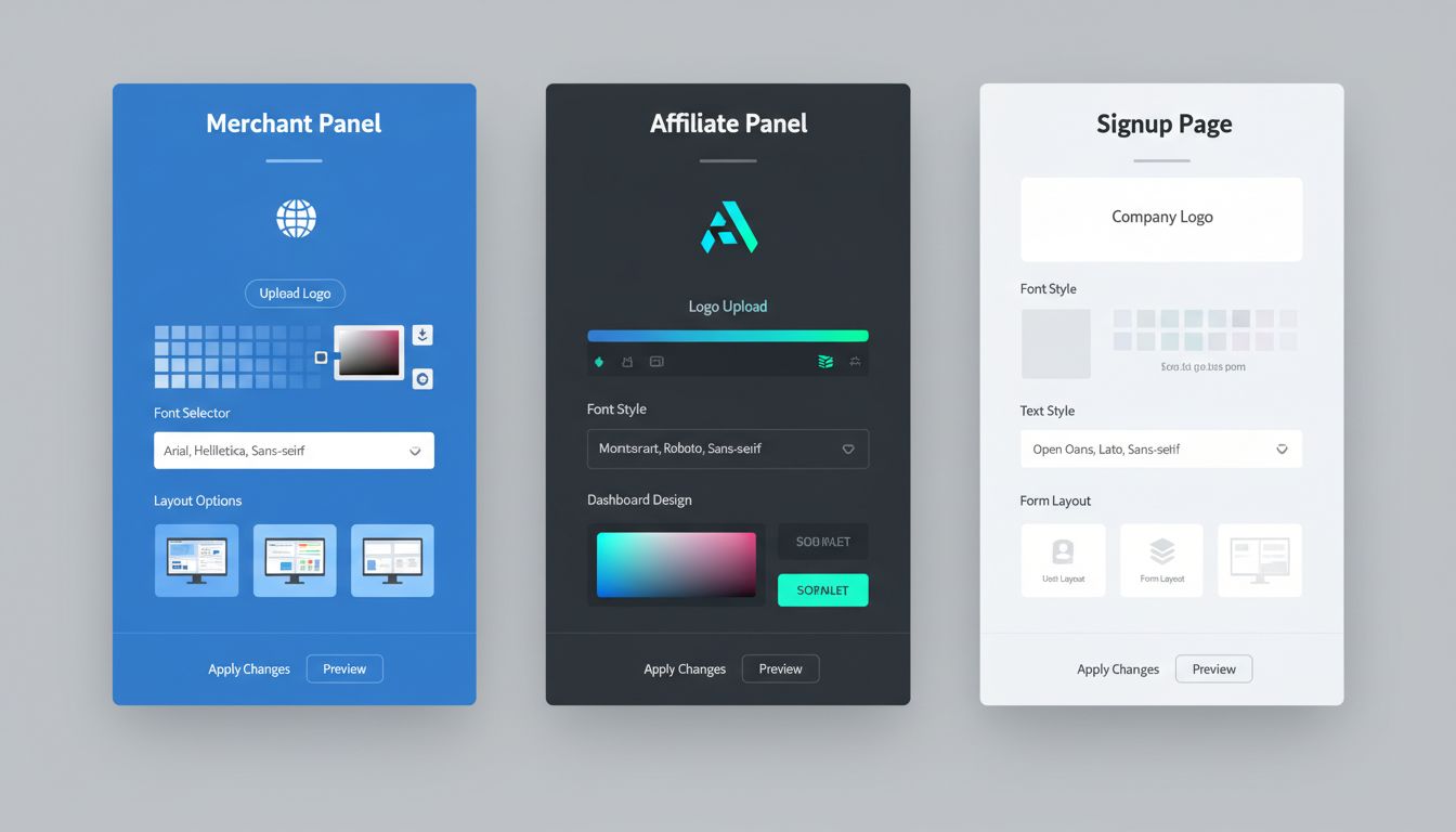 Interface de personalização de temas do Post Affiliate Pro mostrando opções de customização do Painel do Comerciante, Painel do Afiliado e Página de Cadastro com seletores de cores, upload de logo e configurações de layout