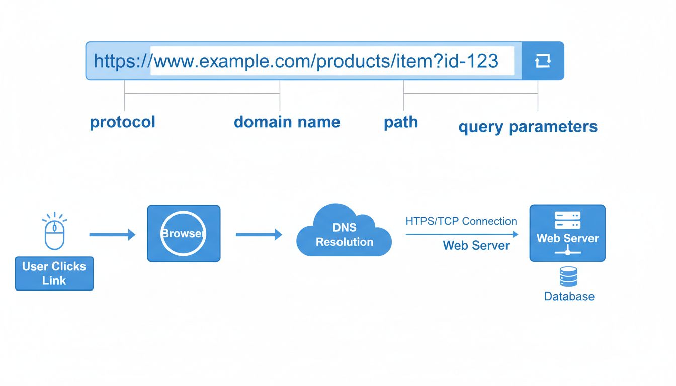Diagrama da estrutura de URL mostrando protocolo, domínio, caminho e parâmetros