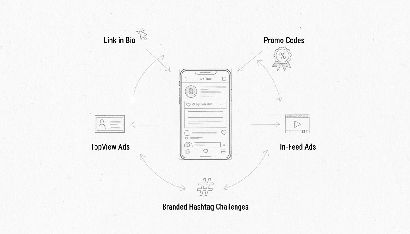 Diagrama de estratégia de marketing de afiliados no TikTok mostrando posicionamento de links, códigos promocionais, anúncios TopView, anúncios In-Feed e desafios de hashtag de marca