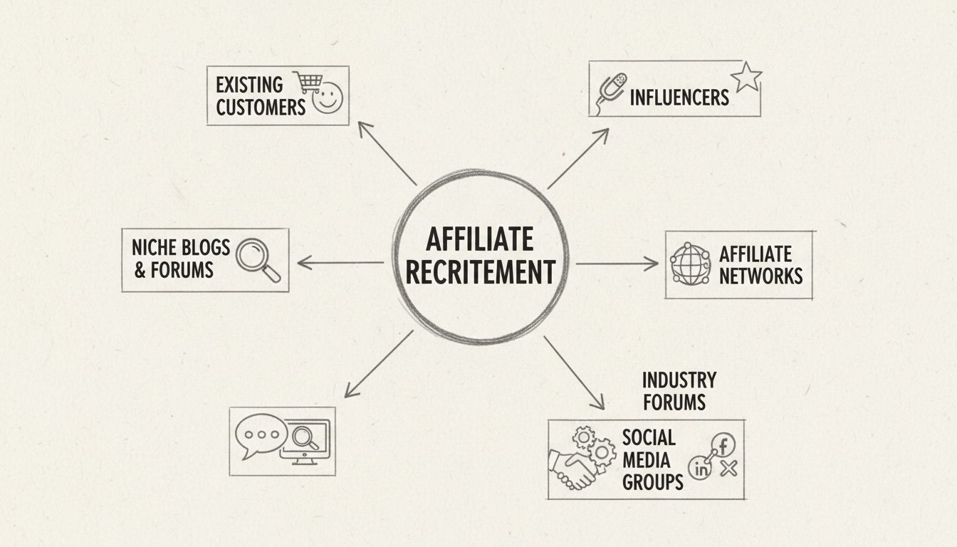 Diagrama dos canais de recrutamento de afiliados mostrando clientes atuais, blogs de nicho, redes de afiliados, redes sociais e fóruns do setor