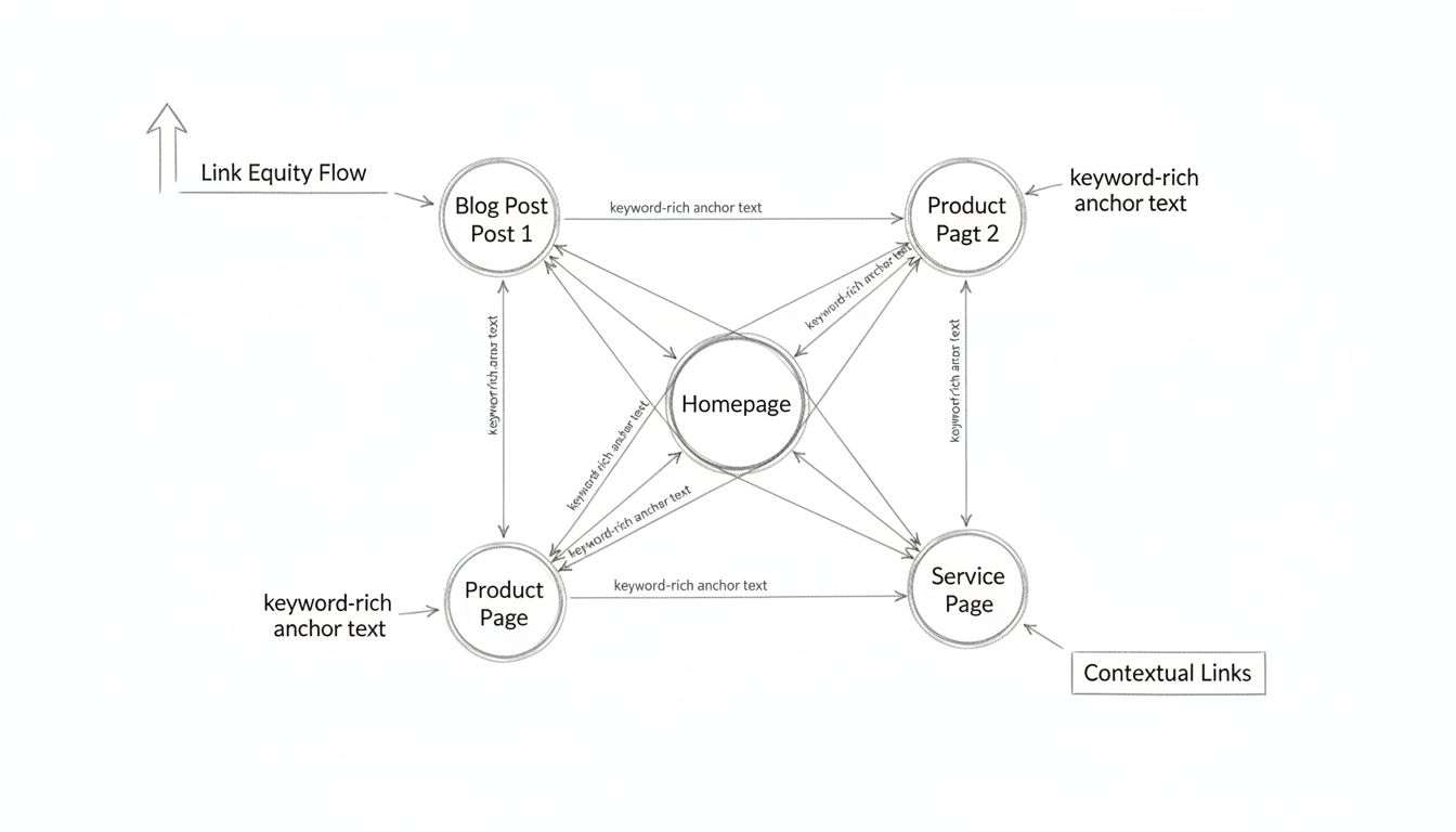 Diagrama de estratégia de linkagem interna mostrando o hub do site conectado a várias páginas com texto âncora rico em palavras-chave e fluxo de autoridade dos links