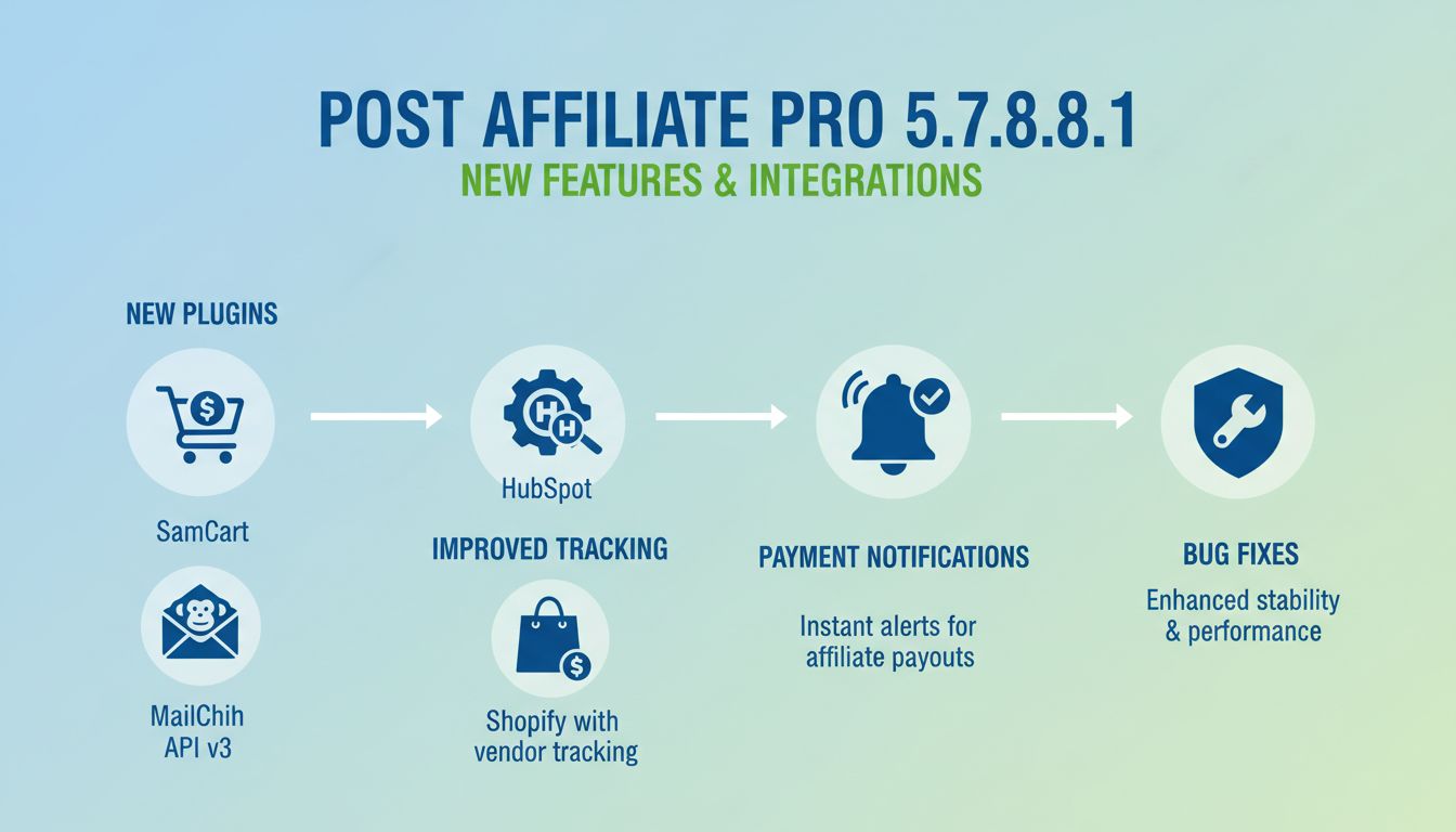 Infográfico dos novos recursos do Post Affiliate Pro 5.7.8.1 mostrando integrações com SamCart, MailChimp API v3, HubSpot, Shopify e notificações de pagamento