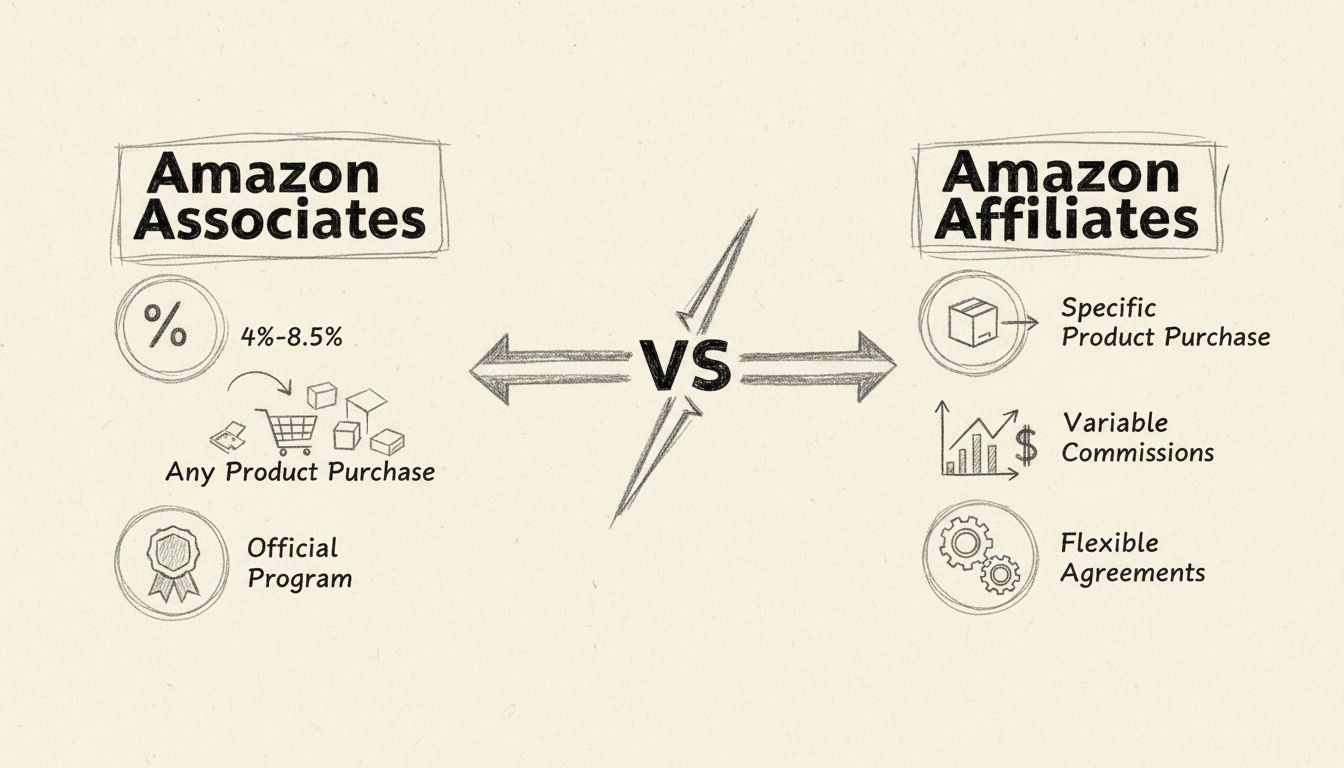 Diagrama comparativo desenhado à mão de Amazon Associates vs Amazon Affiliates mostrando estruturas de comissão e mecânicas de ganhos