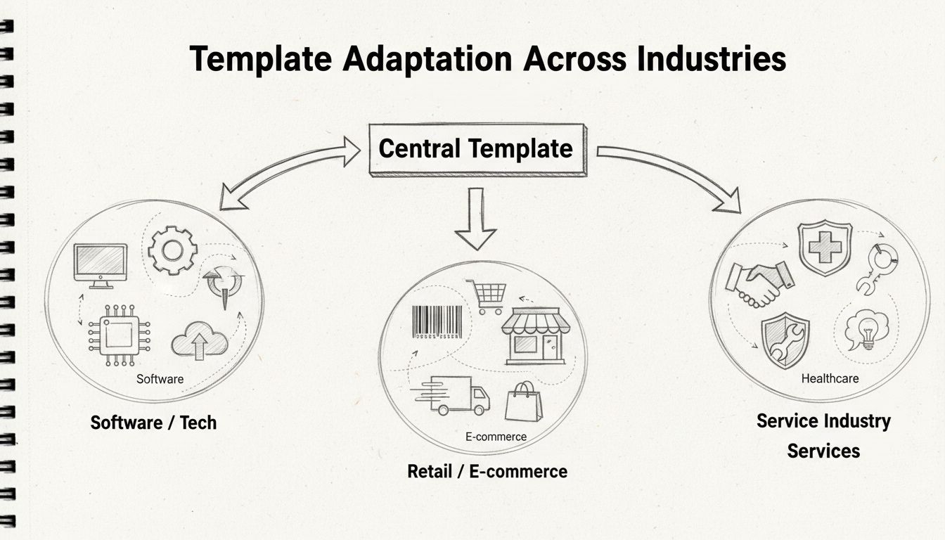 Diagrama desenhado à mão mostrando adaptação de modelos em diferentes setores, incluindo software, varejo, serviços, e-commerce e saúde