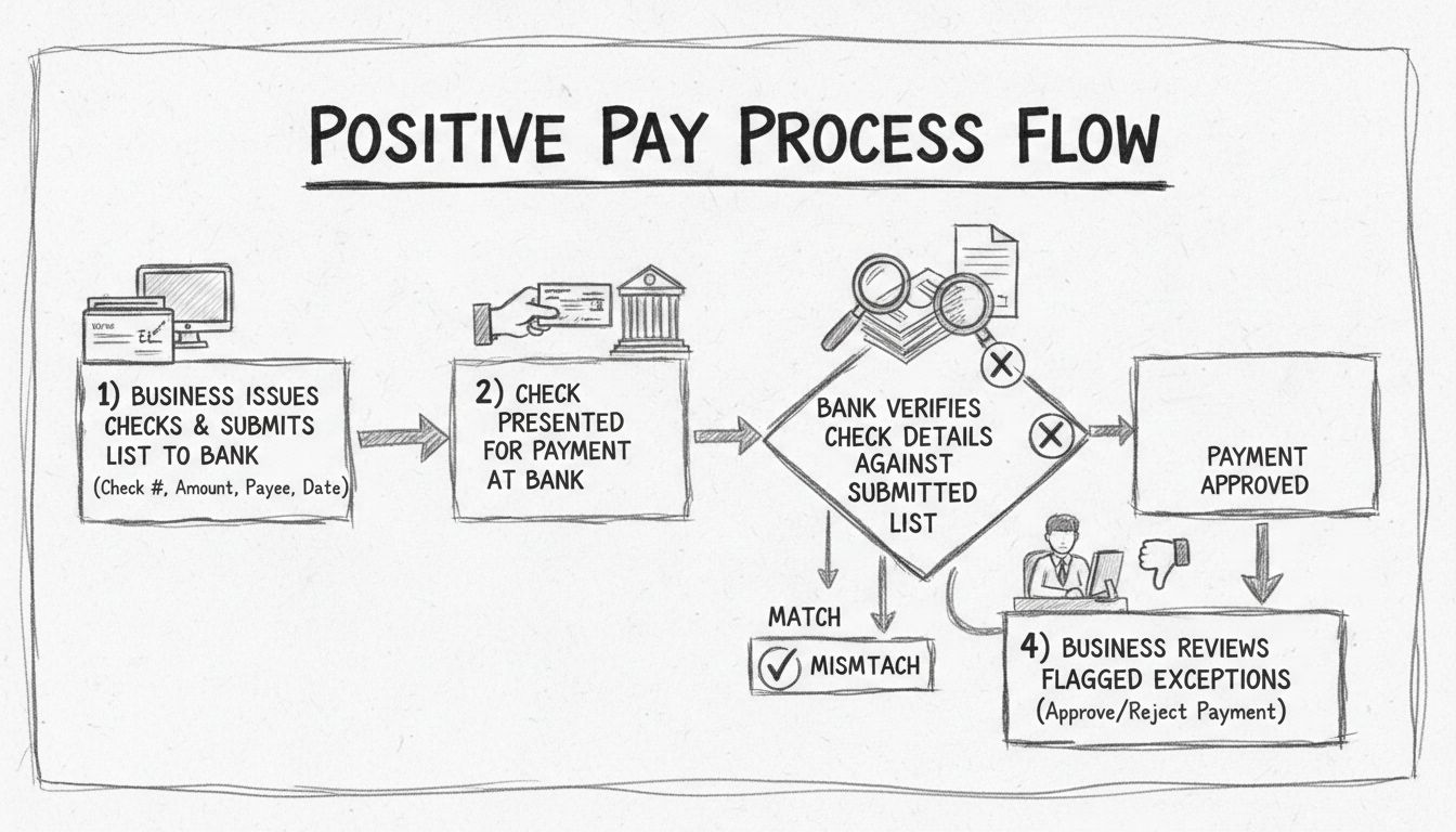 Diagrama do fluxo do processo Positive Pay mostrando quatro etapas: emissão do cheque, envio ao banco, verificação e revisão pela empresa