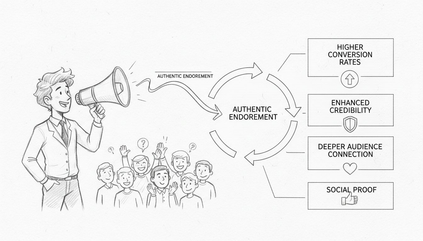 Diagrama desenhado à mão mostrando benefícios do marketing de afiliados envolvido incluindo taxas de conversão mais altas, credibilidade aprimorada, conexão profunda com o público e prova social