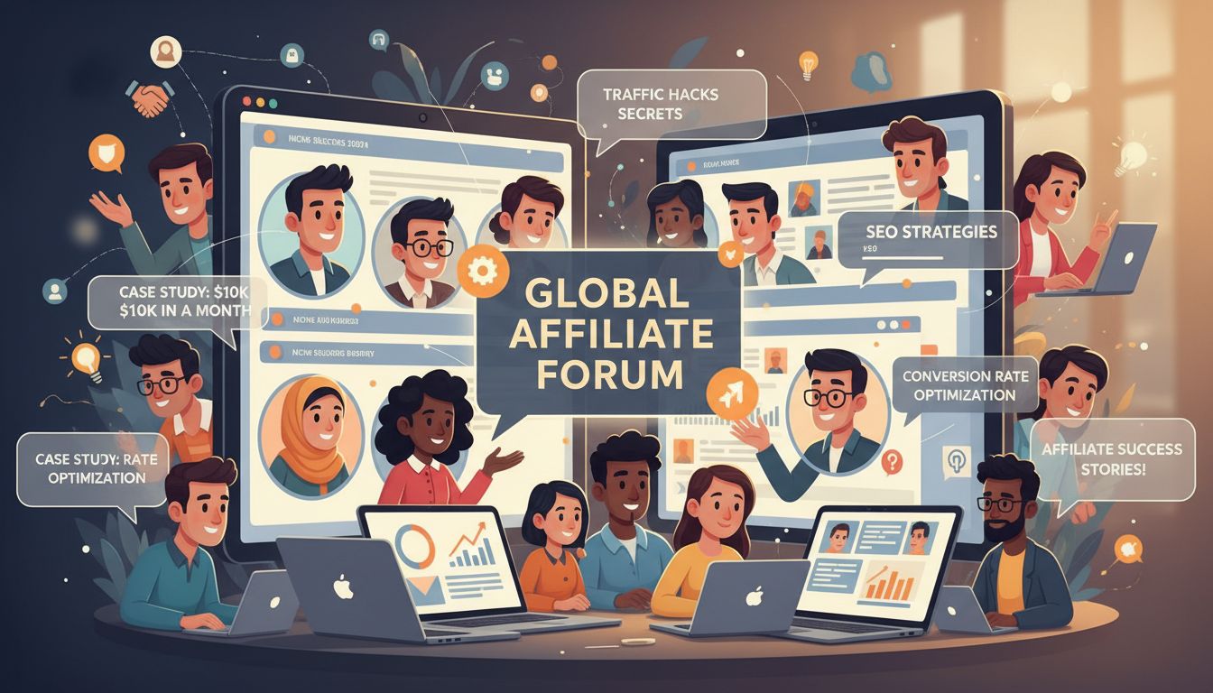 Diversos afiliados colaborando em uma comunidade de fórum online, discutindo estratégias e compartilhando estudos de caso