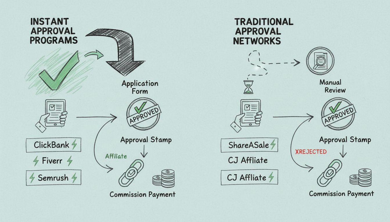 Diagrama do fluxo de aprovação em marketing de afiliados comparando aprovação instantânea versus tradicional