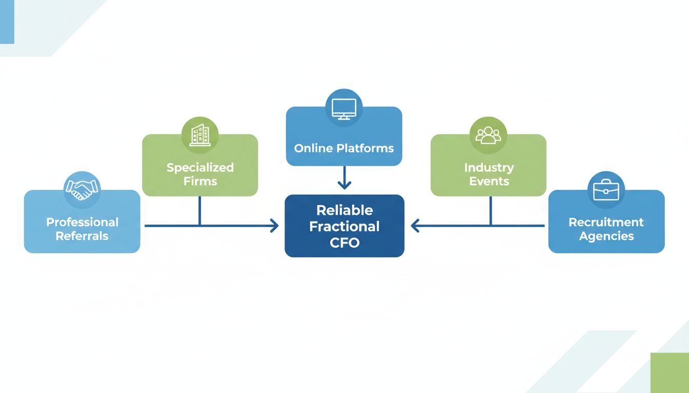Cinco canais principais para encontrar um CFO Fracionado confiável: Indicações Profissionais, Empresas Especializadas, Plataformas Online, Eventos do Setor e Agências de Recrutamento