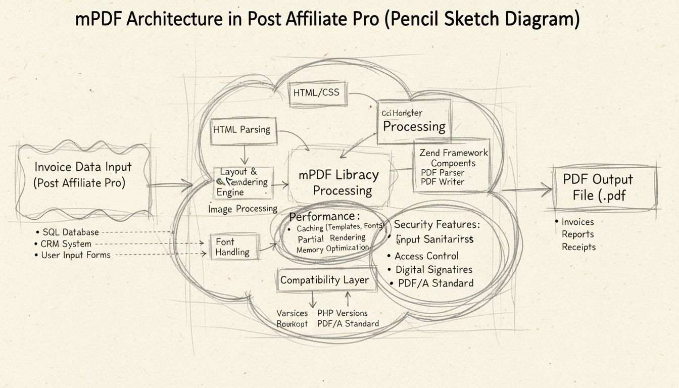 Diagrama da arquitetura da biblioteca mPDF mostrando o fluxo de geração de PDF a partir dos dados da fatura até a saída com melhorias de desempenho e recursos de segurança