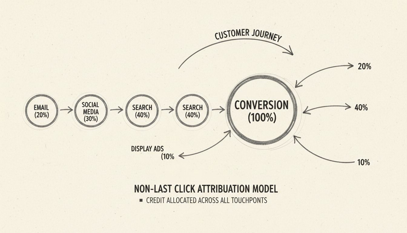Diagrama de modelo de atribuição não-último clique mostrando múltiplos pontos de contato de marketing com distribuição de crédito entre canais