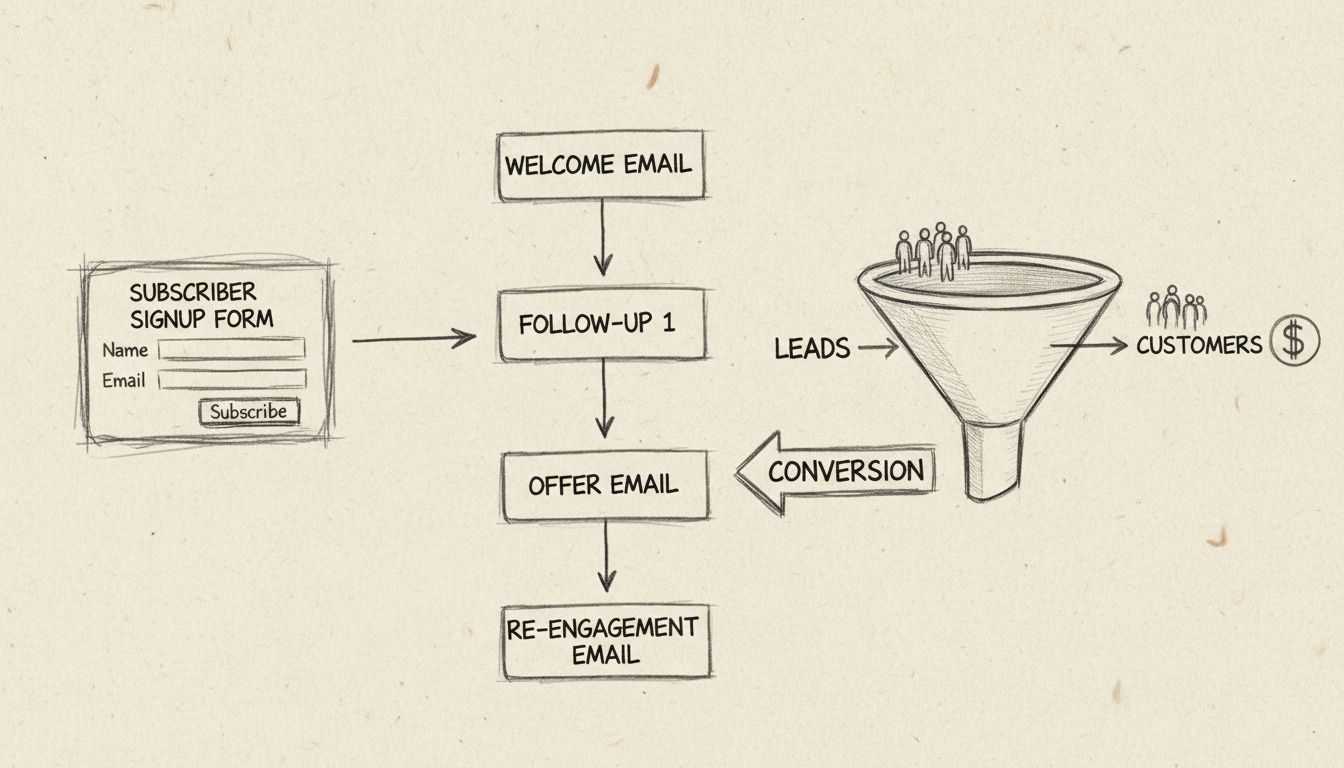 Diagrama de fluxo de trabalho de autoresponder de e-mail mostrando inscrição do assinante, sequência automatizada de e-mails e funil de conversão