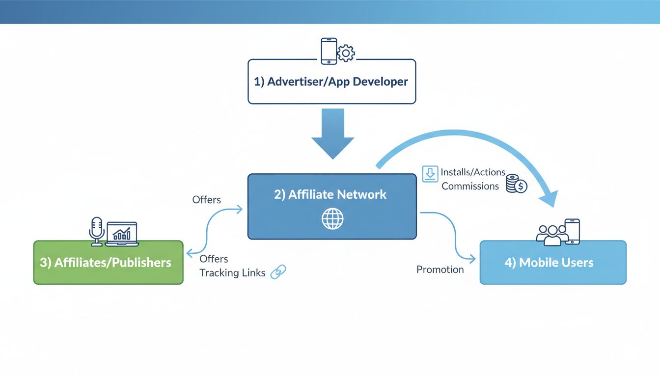 Diagrama do ecossistema de marketing de afiliados mobile mostrando o fluxo entre anunciantes, redes de afiliados, afiliados e usuários mobile