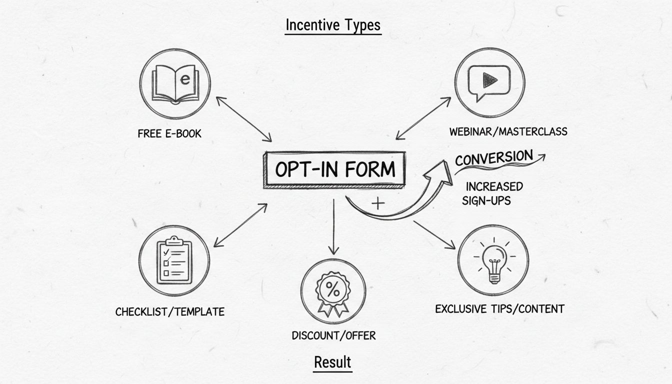 Diagrama desenhado à mão mostrando incentivos eficazes para formulários de opt-in incluindo e-books, checklists, webinars, dicas exclusivas e selos de desconto com setas de conversão