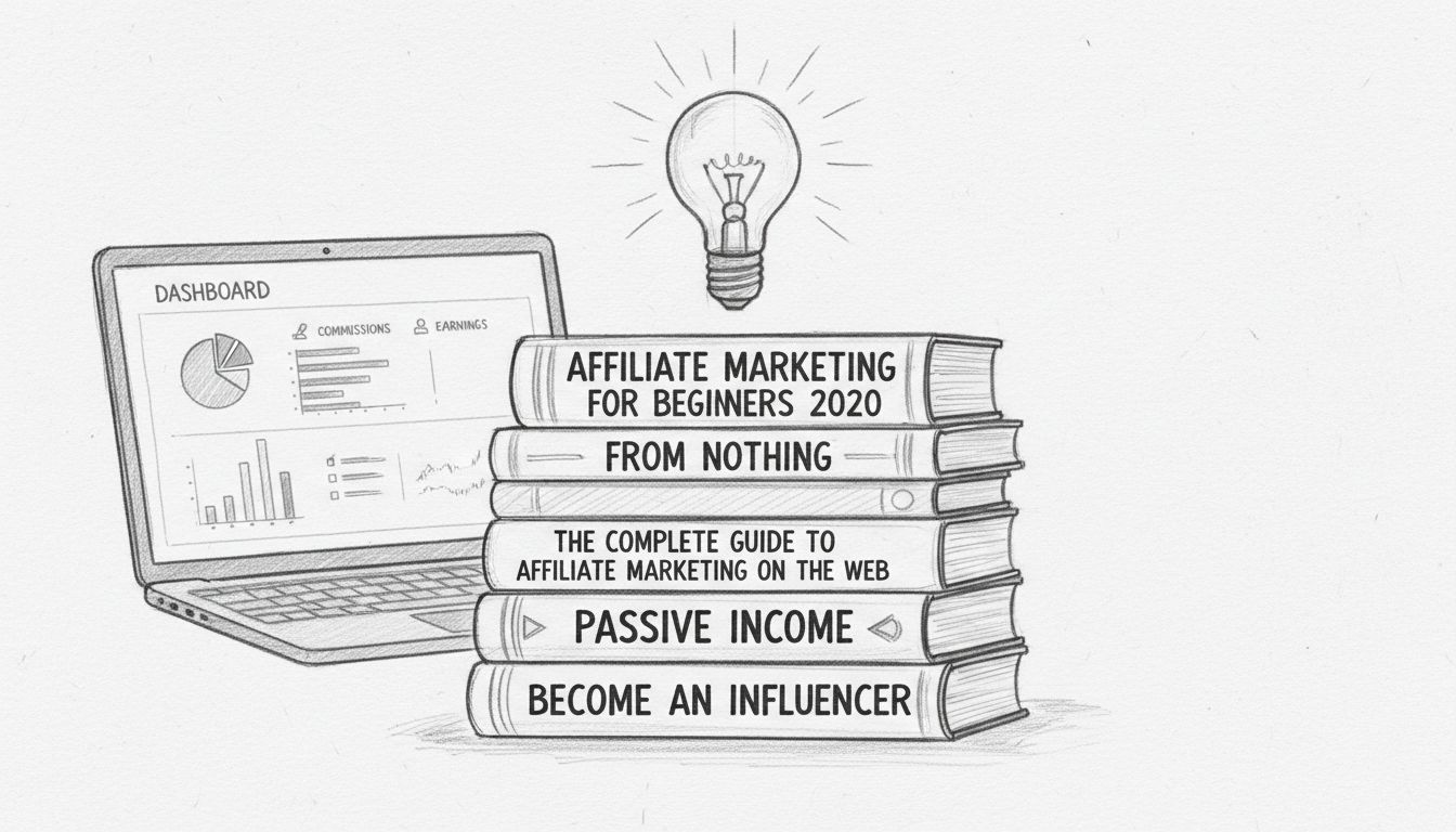 Pilha de livros sobre marketing de afiliados com lâmpada simbolizando aprendizado e conhecimento