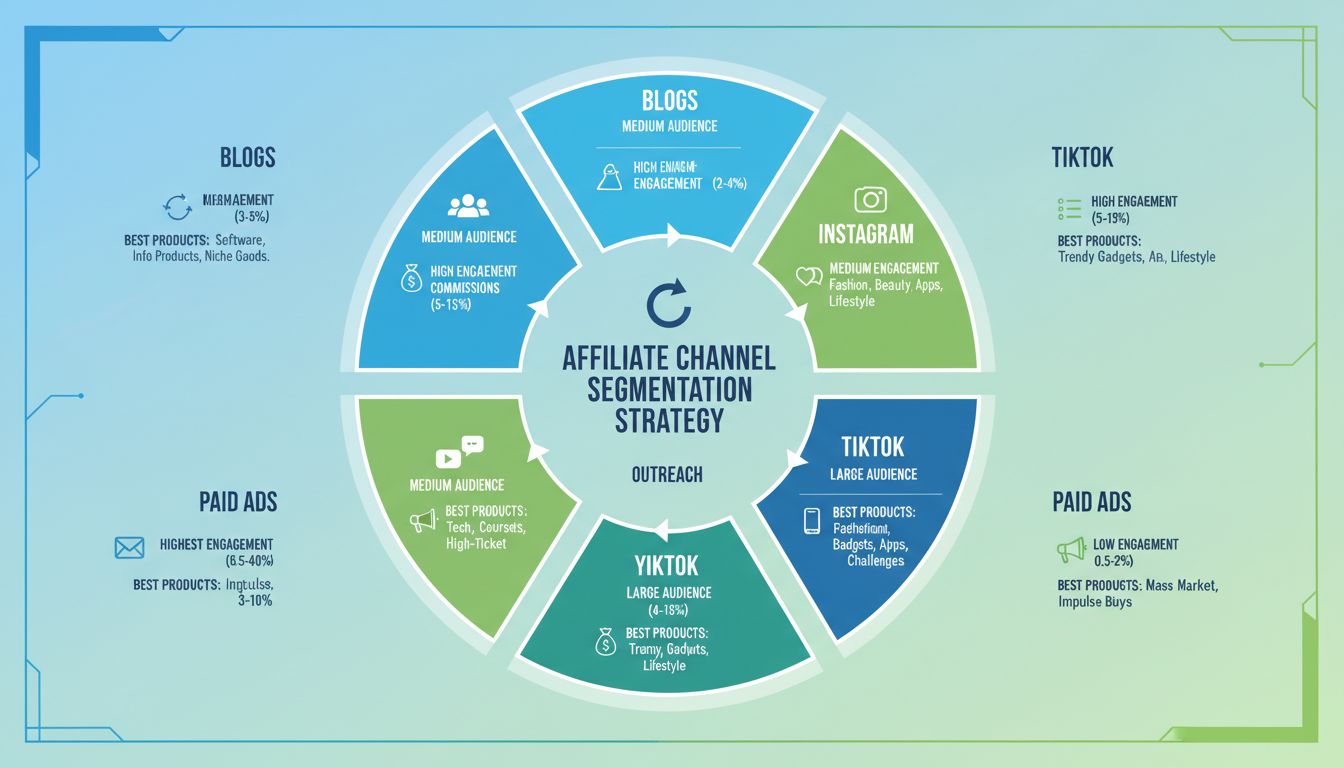 Estratégia de segmentação de canais de afiliados mostrando 6 canais principais com taxas de engajamento e percentuais de comissão