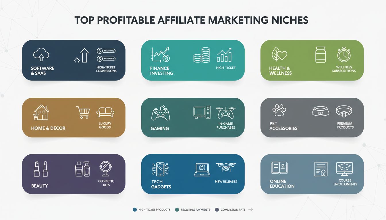 Infográfico mostrando os principais nichos lucrativos de marketing de afiliados, incluindo Software, Finanças, Saúde, Games e mais