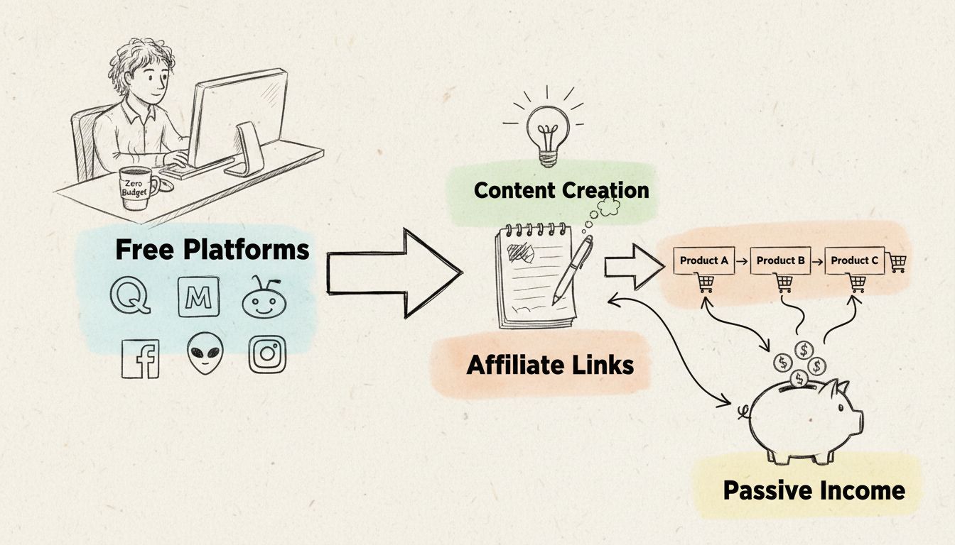 Diagrama do fluxo de trabalho do bum marketing mostrando o processo de marketing de afiliados sem custos, com plataformas gratuitas, criação de conteúdo, links de afiliados e geração de renda passiva