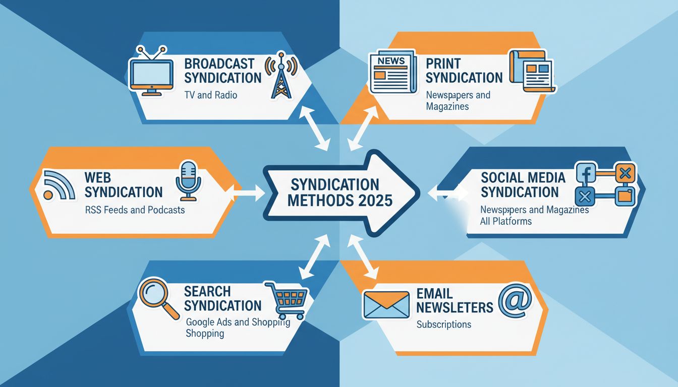 Infográfico mostrando diferentes tipos de métodos de sindicação, incluindo sindicação de transmissão, web, busca, impressa, mídias sociais e e-mail