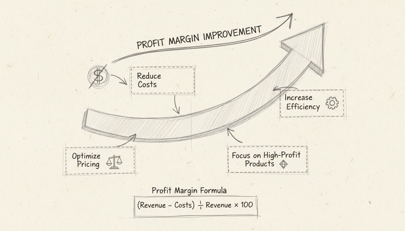 Diagrama de estratégias para melhorar a margem de lucro mostrando redução de custos, otimização de preços, melhorias de eficiência e foco em produtos de alta lucratividade