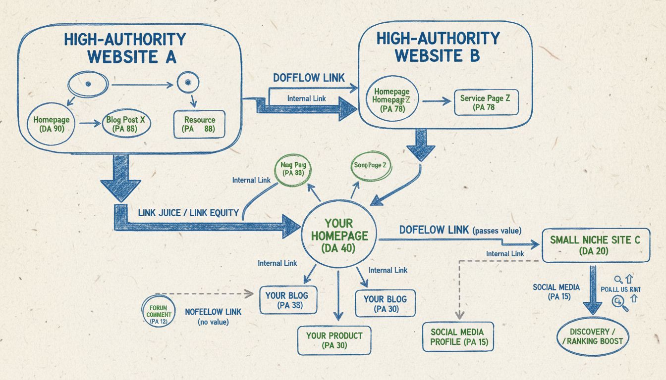 Diagrama técnico mostrando o fluxo de link juice em SEO com links dofollow e nofollow