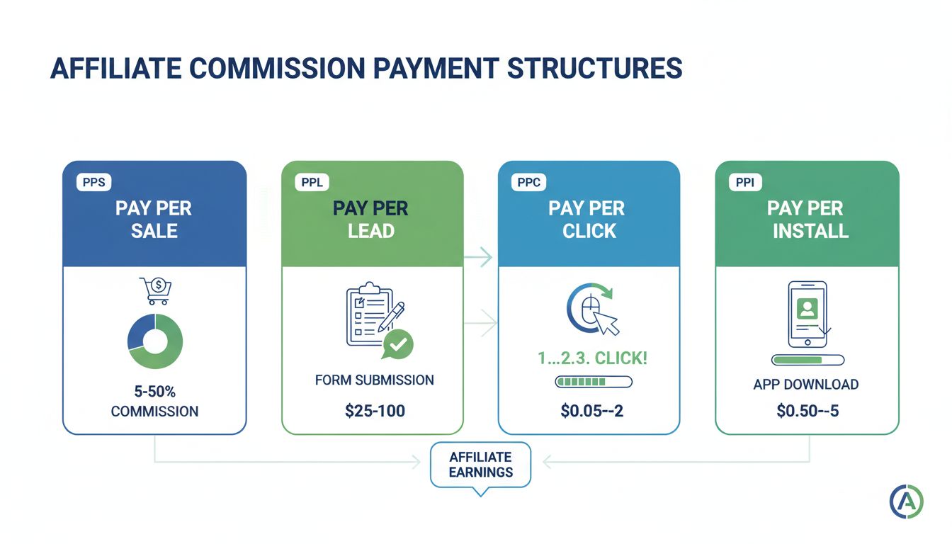 Infográfico de estruturas de pagamento de comissão de afiliados mostrando modelos PPS, PPL, PPC e PPI com taxas de comissão