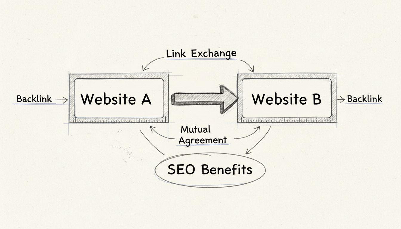 Diagrama desenhado à mão mostrando o link recíproco entre dois sites com setas bidirecionais e rótulos de benefícios de SEO