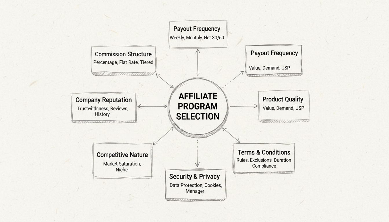 Diagrama desenhado à mão mostrando critérios-chave para escolher um programa de afiliados, incluindo estrutura de comissão, frequência de pagamentos, reputação da empresa, qualidade do produto, nível de concorrência, termos e condições, segurança e privacidade, e recursos de suporte