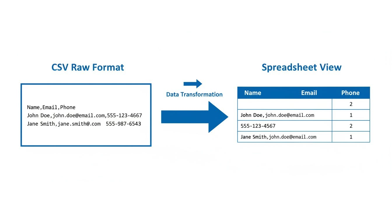 Diagrama da estrutura de um arquivo CSV mostrando o formato bruto separado por vírgula à esquerda se transformando em visualização de tabela de planilha à direita com cabeçalhos e linhas de dados