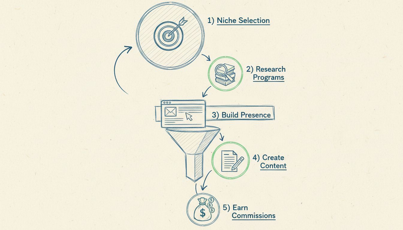 Funil de marketing de afiliados de alto ticket mostrando 5 etapas: seleção de nicho, pesquisa de programas, construção de presença, criação de conteúdo e recebimento de comissões