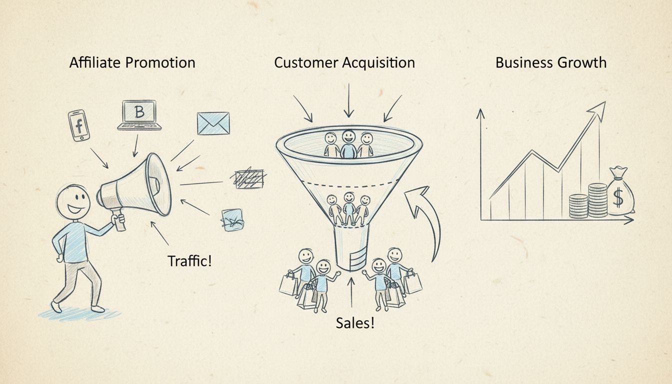 Hand-drawn diagram showing how affiliates grow business through promotion, customer acquisition, and business growth