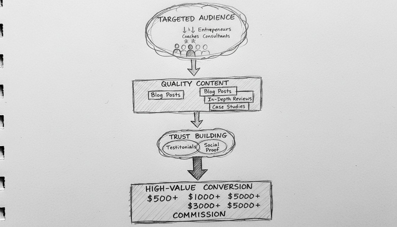 Diagrama desenhado à mão do funil de marketing de afiliados de alto valor mostrando a progressão de público segmentado, conteúdo de qualidade e construção de confiança até conversões de alto valor