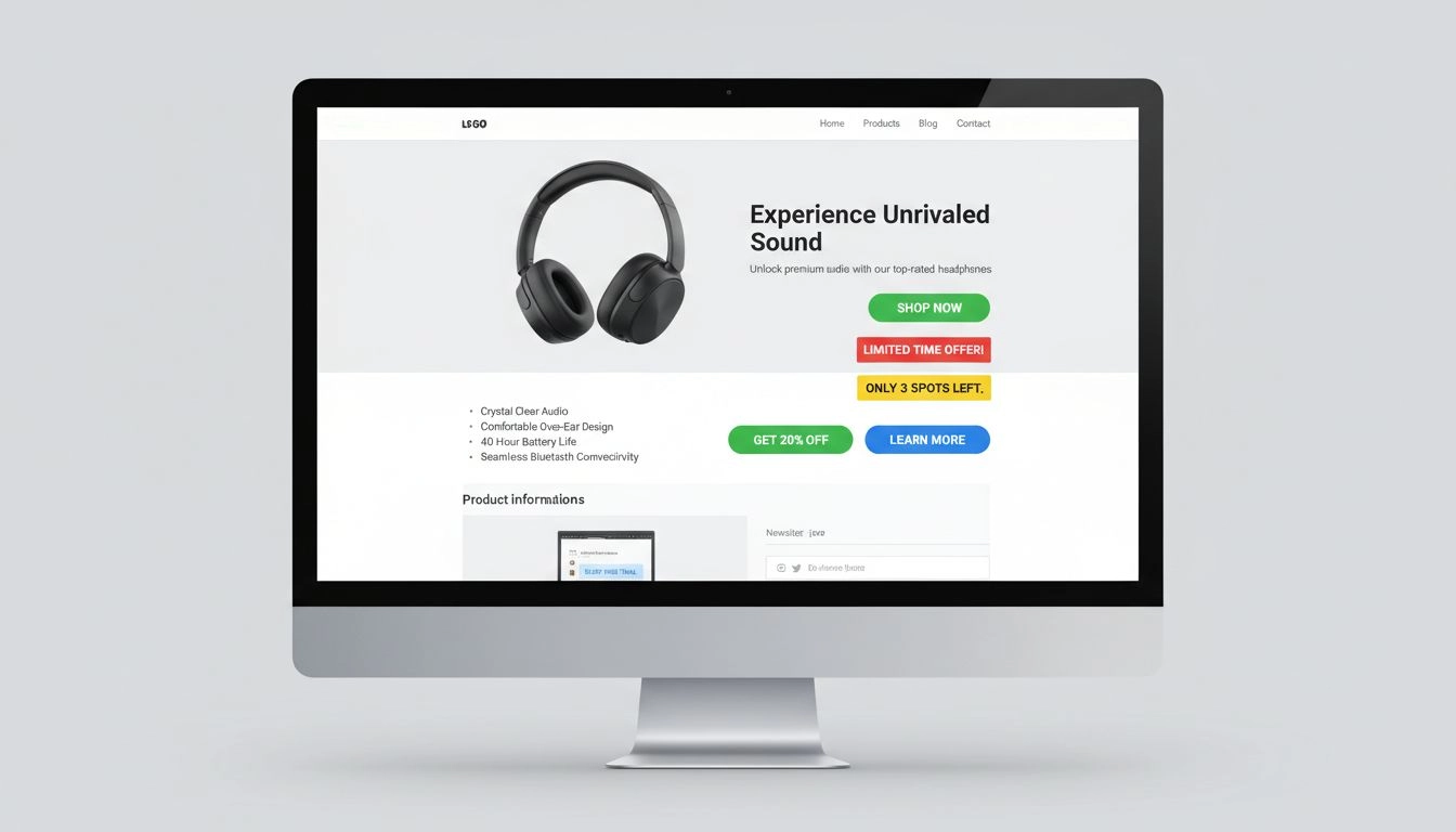 Landing page profissional de marketing de afiliados mostrando múltiplos exemplos de botões CTA com mensagens de urgência e posicionamento adequado