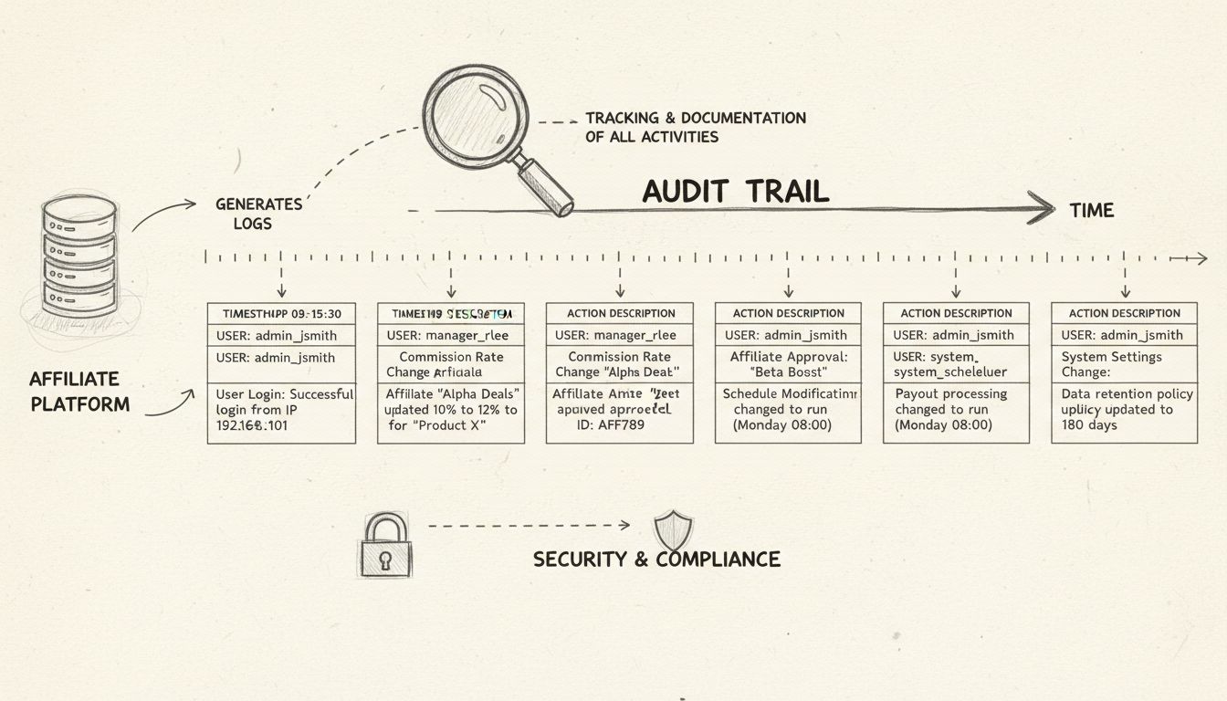 Diagrama desenhado à mão mostrando a linha do tempo do registro de auditoria com registros cronológicos de atividades do programa de afiliados, incluindo logins de usuários, mudanças de comissão, aprovações de afiliados e modificações no sistema